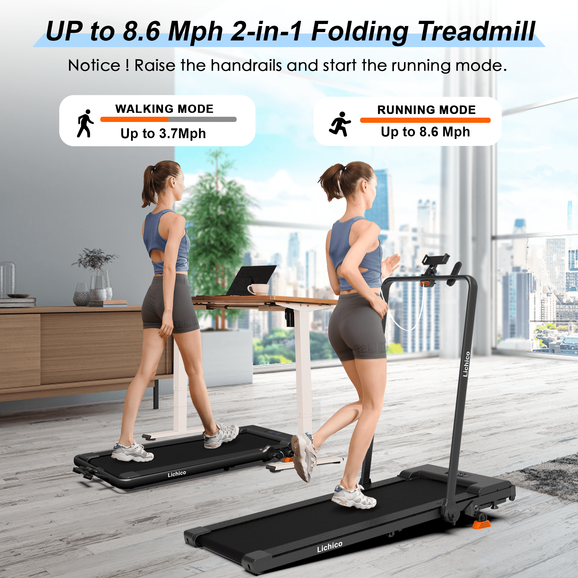 Lichico Under Desk Treadmill, Walking Pad 3.0HP Brushless Motor 0.5-8.7MPH Speed Range 2 in 1 Walking Machine w/Incline APP Remote, Larger Running Area, 2s Folding for Home